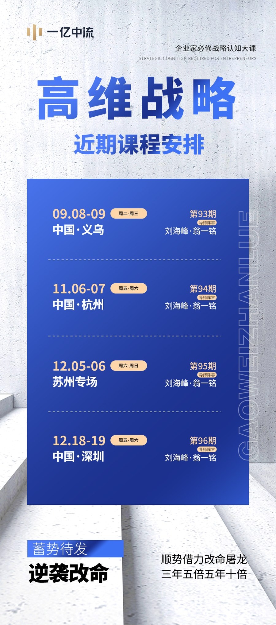 刘海峰翁一铭主讲:一亿中流高维战略第93-96期9月8日至12月19日义乌杭州苏州深圳课表