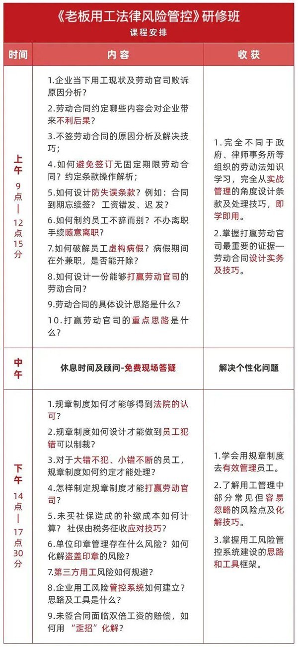 中旭《老板用工法律风险管控》研修班