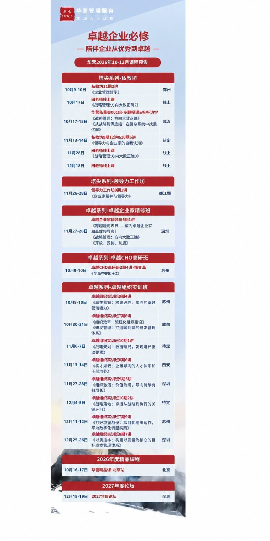 华营管理服务卓越企业家精修班6期1讲企业家精神:洪天峰《跨越楚河汉界—成为卓越企业家和高效领导者》田涛(线上)《战略管理:方向大致正确》陈培根《开放、妥协、灰度》2026年11月27—28日深圳