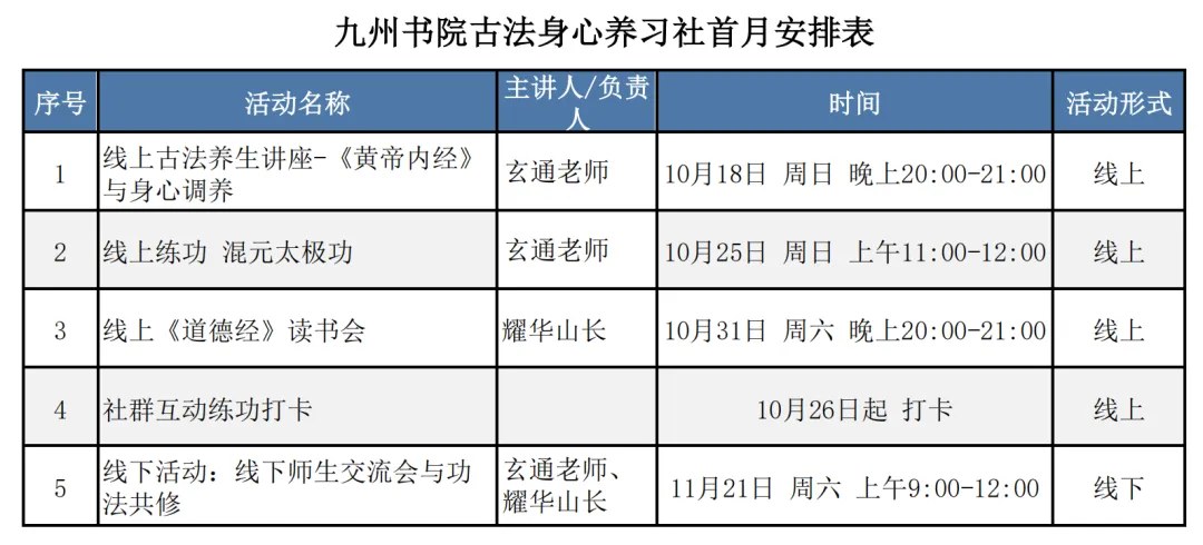 九州书院玄通、谭耀华、子勤古法身心养习社:2026年10月18、25、31日及11月21日《黄帝内经》与身心调养、混元太极功、《道德经》读书会、师生交流与功法共修