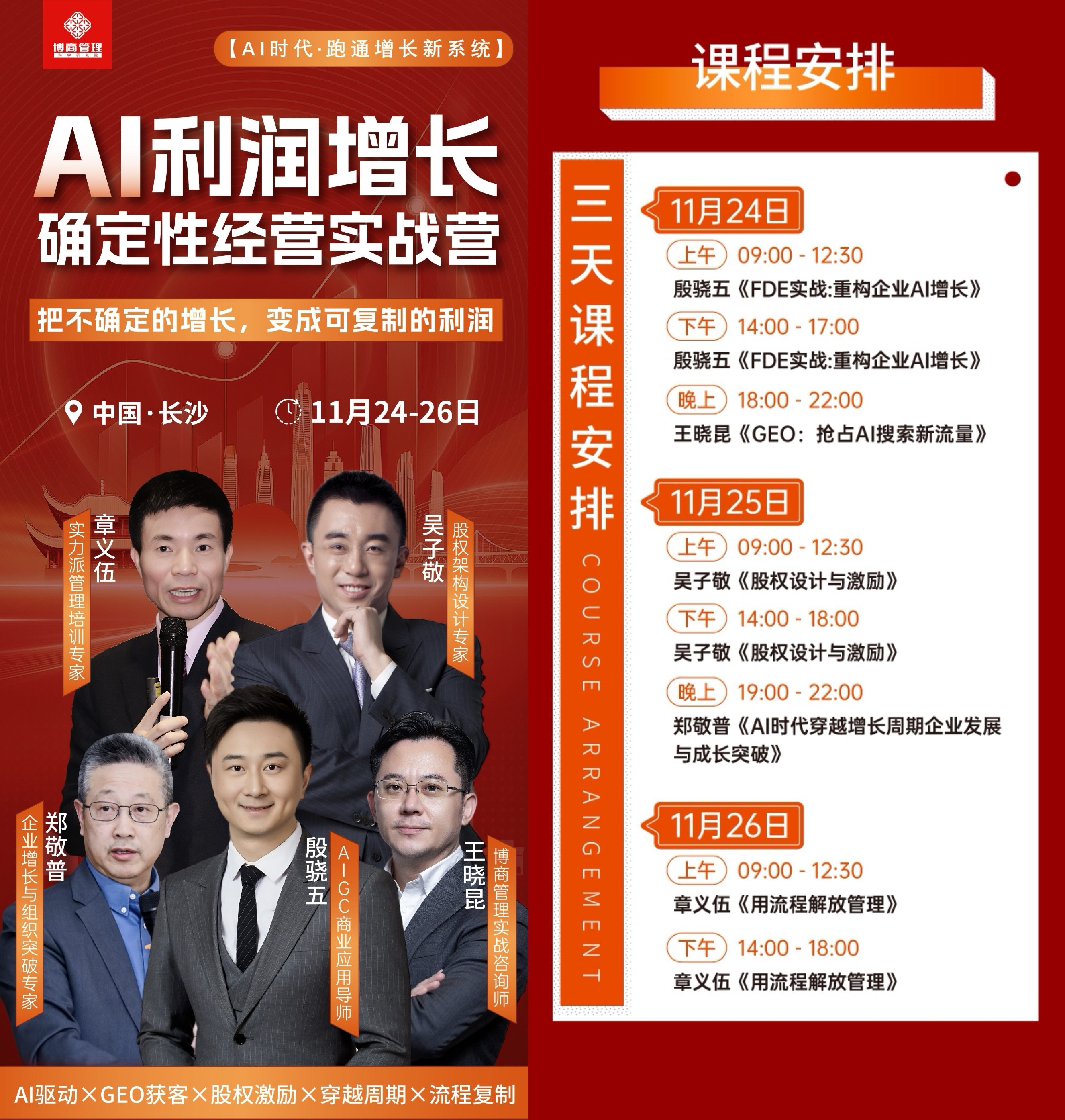 博商管理AI利润增长实战营2026年11月24—26日长沙:殷骁五FDE实战:重构企业AI增长、王晓昆GEO:抢占AI搜索新流量、吴子敬股权设计与激励、郑敬普AI时代穿越增长周期企业发展与成长突破、章义伍用流程解放管理