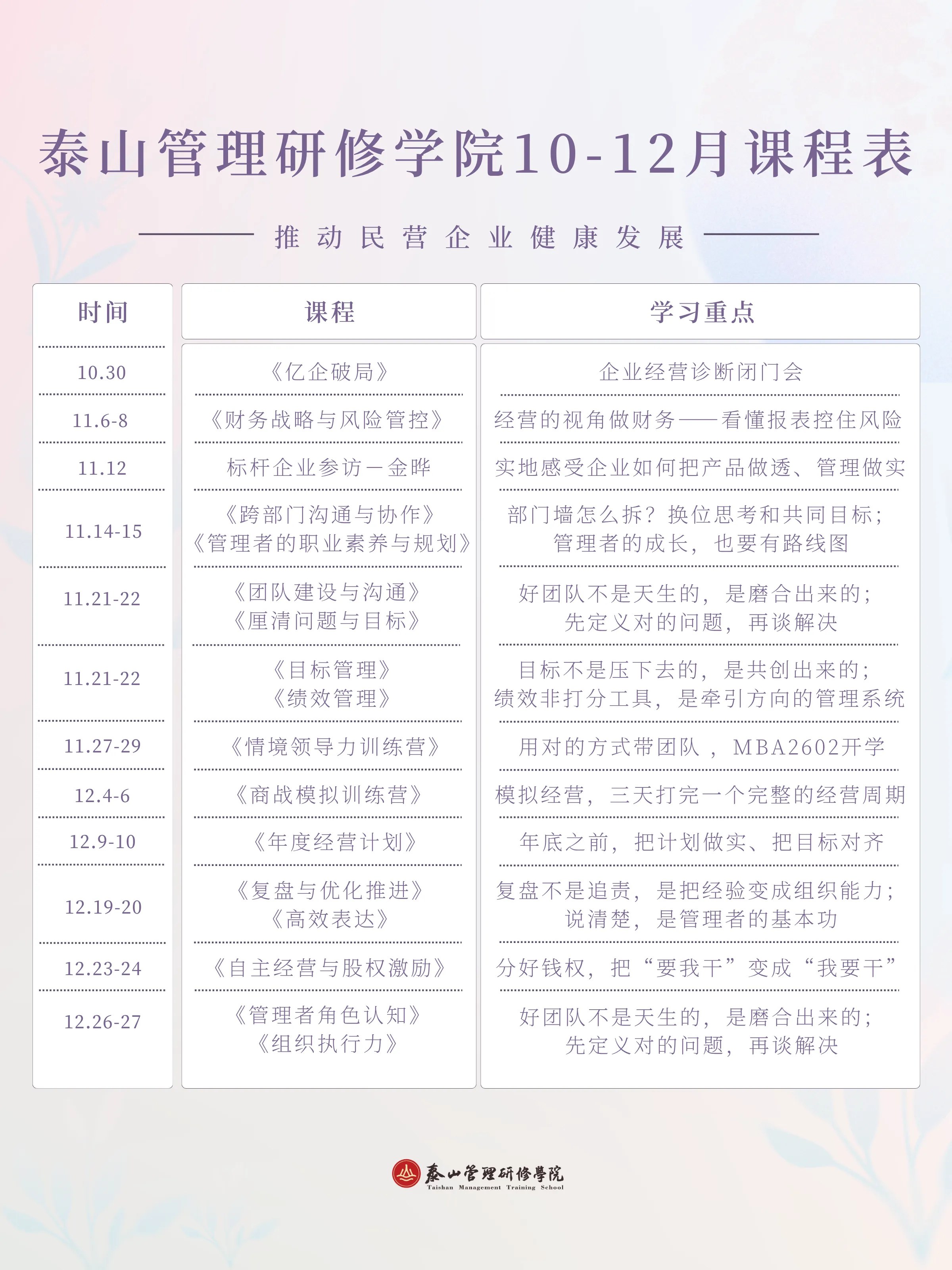 泰山管理研修学院2026年10月30日—12月27日课程表:12条安排与学习重点