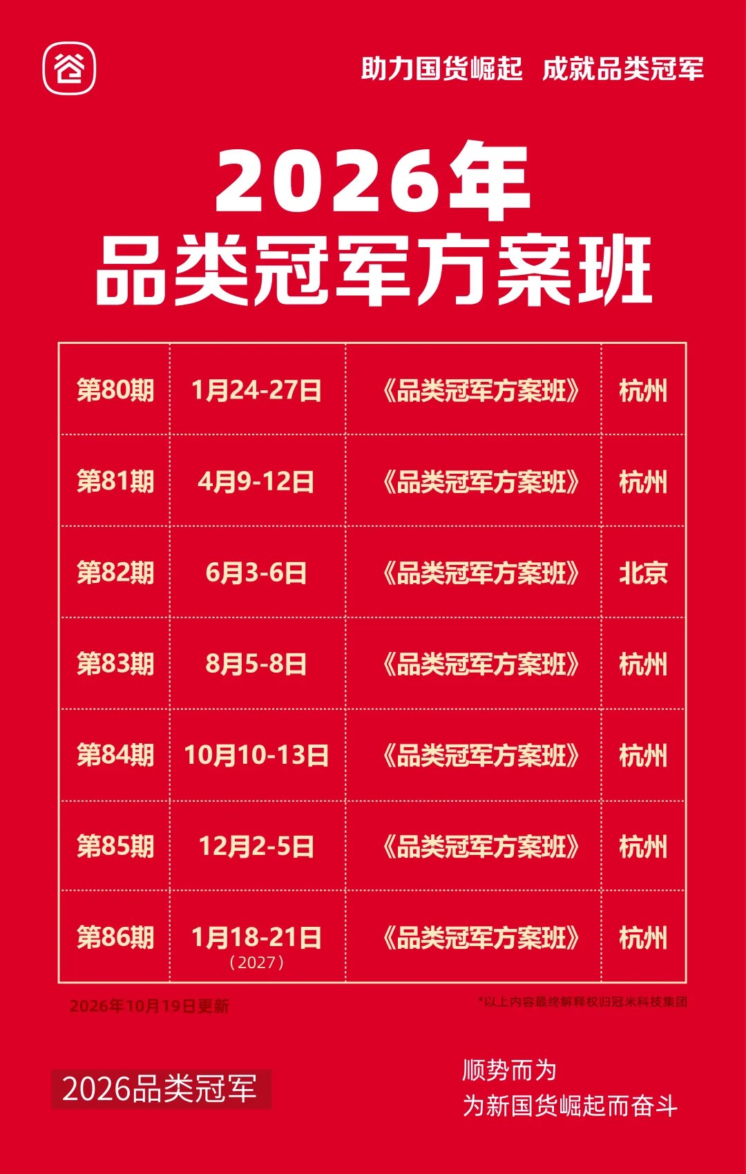 谷仓新国货研究院《品类冠军方案班》第80—86期全国课表:2026年1月—2027年1月杭州、北京安排